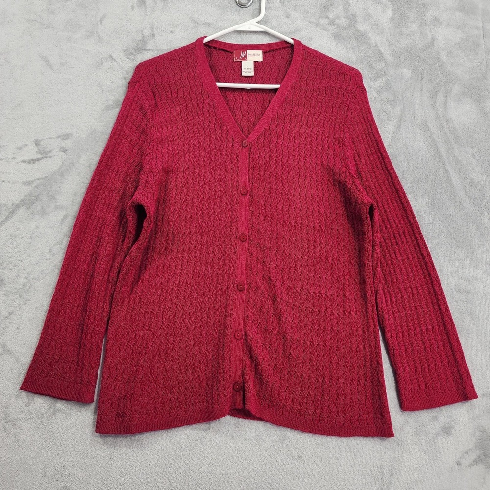 Vintage‎ JM Collection Cardigan Sweater Womens L Red V-Neck Textured Knit Preppy